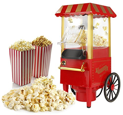 Popcornmaschine, Retro, automatische Popcornmaschine, professionell, ohne Öl, Heißluftverfahren, 1200 W, Wagen, Bedienung mit einem Knopf