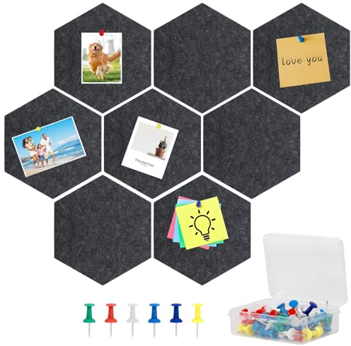 DBREAKS 8 Stück Filz Pinnwand, Selbstklebende Pinwand Sechseckige Filz Pinnwand, DIY Pinboard mit 50 Pinnnadeln, Memo Boards für Foto Hängen, Heimdekoration und Büro Memorandum, Schwarz