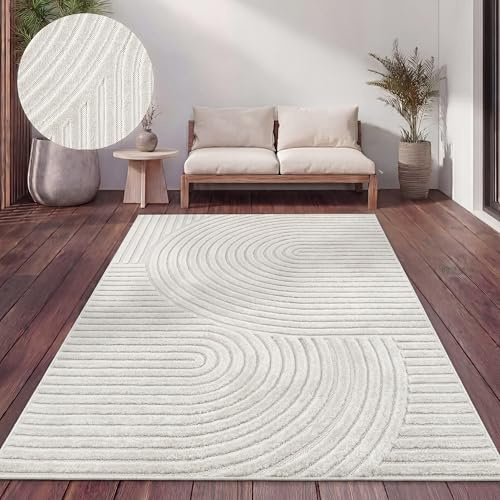 Paco Home Teppich Outdoor Wetterfest, Moderne abstrakte Boho Designs mit 3D Struktur, Pflegeleicht, ideal für Terrasse Wohnzimmer & Küche, Grösse:160x220 cm, Farbe:Creme 6
