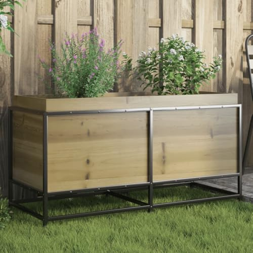 Tino Tech Fioriera 100 x 40 x 50 cm, in legno di pino e acciaio, aiuola da balcone, fioriera da giardino, colore marrone