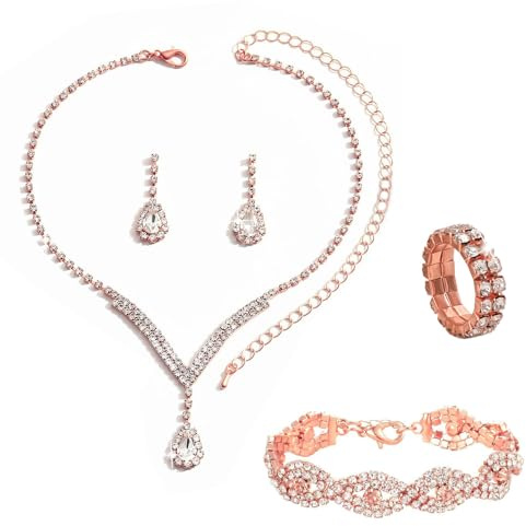 KBRPEY Joyas para Muje Conjunto de Joyería Nupcial de Plata Collar de Diamantes de Imitación Pulsera Anillo Pendientes Colgantes para Novia Cristal Boda Graduación Accesorios de Joyería (Oro rosa)