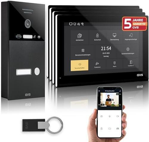 GVS - IP Video Türsprechanlage mit Türöffner, RFID Zugang, HD Kamera, 4X 10 Zoll Monitor & App - Smarte Video Türklingel mit Kamera & Gegensprechanlage für 1 Familienhaus (AVS5539A)