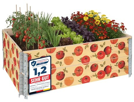 Garronda träpallkrage med tryck – högbädd i trä för växter, blommor, örter, frukt och grönsaker, förvaringslåda med dekorativt motiv GD-0075 (Tomat med bakgrund, 2-pack)