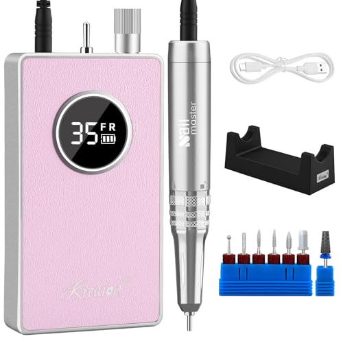 Kredioo 7 in 1 Cordless Nail Drill Set, 35000RPM Electric Nail File, Upgraded Coreless Motor, 12 Hours Ultra-Long Battery Life, Manicure Pedicure Kit for Beginner, Nail Tech, Nail Salon, Pink