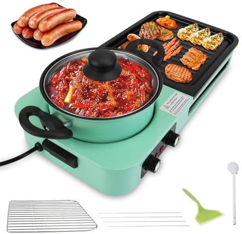 Zorpupoa Hot Pot Electric with Grill, 1600W 3 in 1 Smokeless Non-Stick Barbecue Shabu Hot Pot with Dual Temp Control, Multifunctional Teppanyaki Grill Pot, Shabu Korean BBQ for 3-5 People