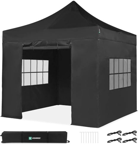 VONROC Gazebo Easy-Up 3 x 3 m - vattentätt trädgårdstält, UV-skydd 50+, stålram, väska med hjul - modulär med sidoväggar - svart