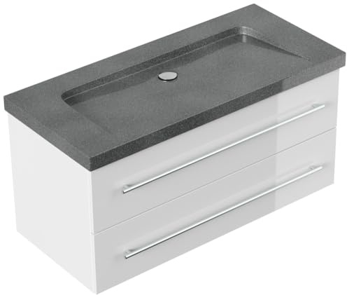 Magnolia Home Badmöbel Granit G654 Damo 100 cm ohne Hahnloch SoftClose Farbe Weiss Hochglanz
