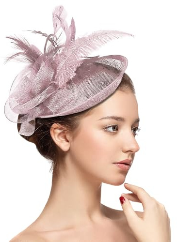 SINSEN Fascinator für Hochzeiten, Frauen, Feder-Blume, Netz, Fascinator, Hut, Stirnband mit Haarspange, Braut, Damen, Gäste, Hut für Party, Kirche, Cocktail, Abend, Abschlussball, blassrosa