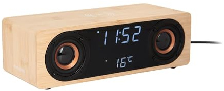 Karlsson Bluetooth-högtalare radio väckarklocka med LED-display och trådlös laddning (Bamboo)