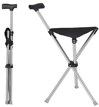EVIYI 2 in 1 Klappbarer Gehstocksitz, Krücken mit Sitz, aus Edelstahl mit einer Gewichtskapazität von bis zu 150 kg, ist so konzipiert, dass er leicht und tragbar ist (rechtwinkliger Griff nicht