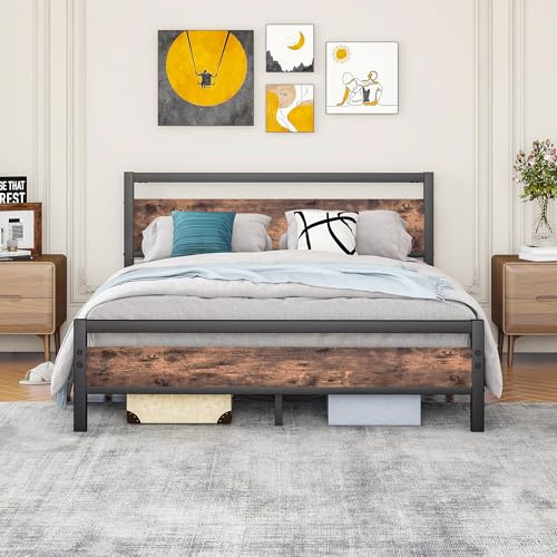 BORPHOM Sängram 160 x 200, sängram av metall trä, metallsäng med ribbotten, gästsäng, ungdomssäng, dubbelsäng, 160 x 200 med sänggavel, metallsäng, brun och svart