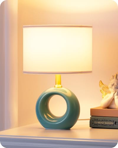 EDISHINE Ceramic Table Lamp, Elegant & Modern Desk Lamp for Bedside, E14 Bulb Included, Fabric Lampshade for Bedroom, Living Room, Decoration, Blue