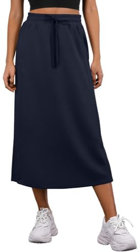 PrinStory Summer Midi Skirts for Women UK Casual Elasticated Waist Adjustable Drawstring Skirt with Pockets and Back Slit (Navy Blue, L)