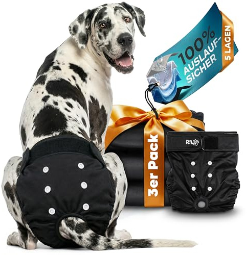 PETS PERFECT HUNDEWINDELN FÜR HÜNDINNEN – Waschbare Läufigkeitshose Hündinnen mit 5-lagigem Auslaufschutz – Verstellbare Hundewindel mit Klettverschluss, auch für Rüden geeignet – 3er Pack