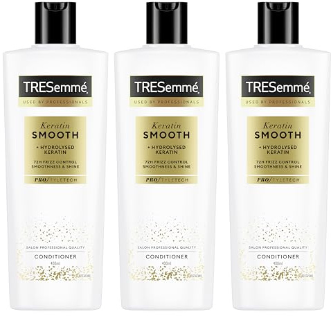 TRESemmé Anti-Frizz-Conditioner Keratin Smooth, Bei Glattem Haar, Für Glänzendes und Seidiges Haar, Bis zu 72 Stunden Anti-Frizz-Wirkung, Mit Hydrolysiertem Keratin, 3 x 400 ml