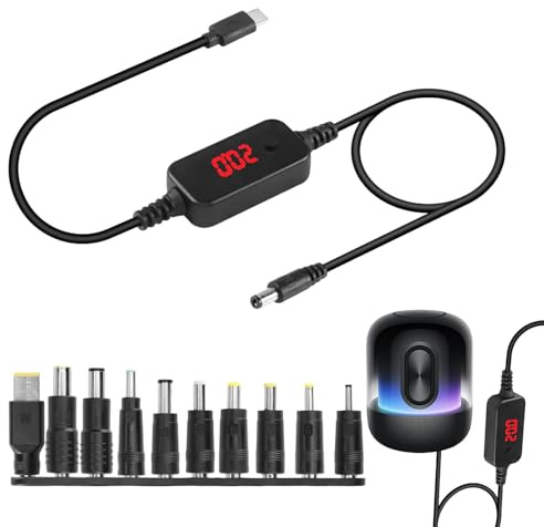 Haxisii USB PD to DC Power Cable Charger Adapter 5V,9V,12V,15V,20V, Adjustable Type C to DC 5.5 X 2.1mm Plug Universal Charging with 10 D C Conversion Heads, uitable for Routers