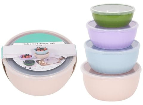 eMKay® 4-Pack Nesting Food Storage Bowls with Lids – Colourful Stackable Kitchen Containers for Meal Prep Snacks & Leftovers – Reusable BPA-Free Plastic (Green Purple Blue Cream)