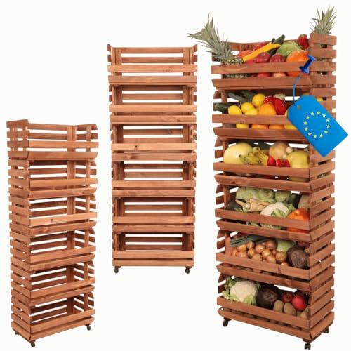 MODO24 Modular Holzregal für Gemüse & Obst auf Rollen, Stapelbares Regalsystem aus Kiefernholz, 6 Holzkisten, Kartoffelsteige, Küchenregal, Vorratsregal, Gemüseregal, Abm. 157x57x30 cm, Fargbe: Braun