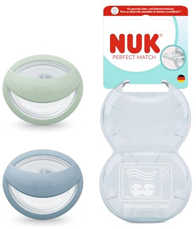 NUK Perfect Match Schnuller 2 Stück, 0-6 Monate, stillfreundlicher Schnuller, kiefergerechte Schnuller, 95% Baby Akzeptanz, Grün/Blau
