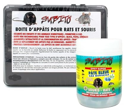Subito® Pack Complet Anti-Rats & Anti-Souris – Raticide Fanga B+ Pâte Bleue + Boîte d’Appât Sécurisée – Efficace Intérieur et Extérieur