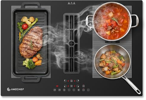 AMZCHEF Placa Inducción con Extractor Integrado, 7200W Placa Induccion 4 Zonas, 650m³/h Ventilación Automática Hob2Hood, 9 Niveles de Potencia, Temporizador & Bloqueo Infantil, Boost & Zona Flexible