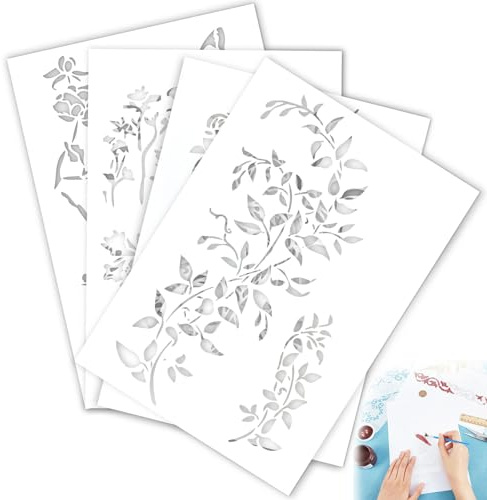 BITEFU 4 Stück Schablone Blumen, A4 Schablone für Wandgestaltung, DIY Bastelprojekte, Malschablonen, Holz, Wände, Leinwand, Möbel PET Wiederverwendbar Stencils