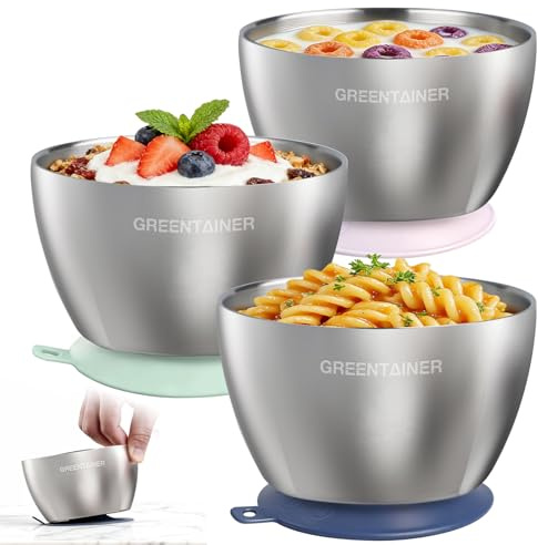 Greentainer 3er Set Edelstahl Baby Schüsseln mit Saugnapf – Breischale für Babybrei & Porridge, Rutschfeste Babyschüsseln,Unzerbrechlich & BPA-frei, Kinderschüssel ab 6 Monaten,Farben mischen