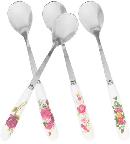 SHINEOFI Cuillères à Café et Dessert Inox 4 Pcs avec Manche en Céramique Fleurie, Longueur 15,5 Cm, Cuillères Mélangeuses Polyvalentes pour Café, Miel et Pâtisseries, Accessoires Cuisine