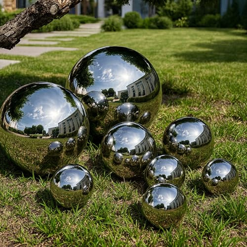 Köhko 8er Set Dekokugeln in 4 unterschiedlichen Größen (1xØ38cm, 1xØ28cm, 2xØ18cm und 4xØ12cm) Glänzend polierte Edelstahlkugel Gartenkugeln Teichkugeln