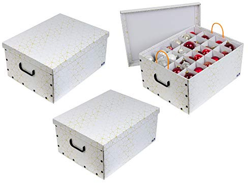 Dekokarton 3er-Set XXL in Weiß/Gold für Christbaumkugeln, Kunststoff-Griffe | Aus stabiler Pappe mit Einsätzen für bis zu 40 Kugeln oder sonstige Weihnachtsdeko. Robust und formschön.