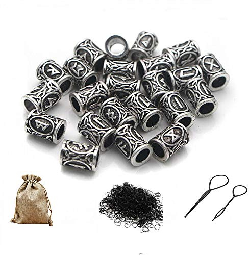 Queta Kit of Rune Viking Beads for Beard and Rubber Bands (CLR: Silver)