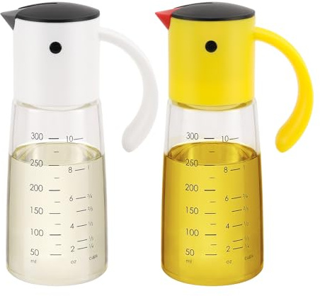 Olivenölspender Flasche für Küche Kochen – Automatischer Klapp-Gewürzbehälter mit automatischer Kappe und Stopper – auslaufsicherer Essig-Glas-Menüguss, Edelstahl, tropffreier Auslauf (weiß und gelb)