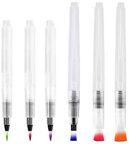 Water Brush Pen Pack of 6 Water Paint Brushes Aqua Brushes Refillable Ink and Water Brush Pens Art Supplies for Water Color Painting Blending &Lettering