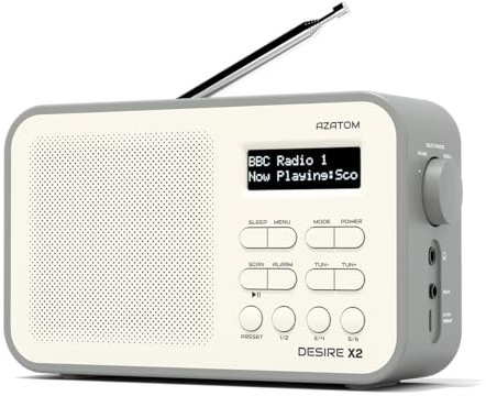 DAB/DAB+ & FM Portable Digital Radio | Simple Controls | Dual Alarms & Sleep Timer | Battery & Mains Powered (4x”AA”) | Bluetooth | Perfect for Home, Office or Outdoors | AZATOM Desire X2 (Grey)