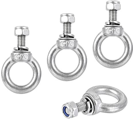 sourcing map Lifting Eye Bolt M5 x 12.5mm Male Thread with Hex Screw Nut Gasket Flat Washer for Hanging Securing Chain Wire Rope, 304 Stainless Steel, 4 Sets