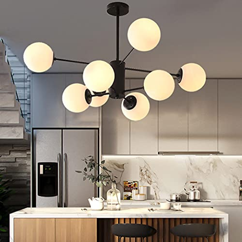 ENXING Pendelleuchte E27 Moderne Pendellampe Kreative Dekoration Wohnzimmer Kronleuchter Eisen Hängelampe Glaskugel Deckenleuchte Weißer Schatten Hängeleuchte Küche Esszimmer Bar,Schwarz,8 heads