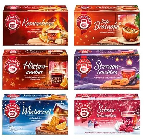 Teekanne Wintertee 6er Pack, Schneeträumchen, Sternenleuchten, Hüttenzauber, Süßer Bratapfel, Kaminabend und Winterzeit, je 20 Teebeutel (280 g)