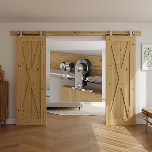 Schiebetürbeschlag Edelstahl Doppeltür 200cm Schiebetüren Schiebetürsystem Komplettset Laufschiene Rollen Set für 2 Holztür 50cm Breit, T Form