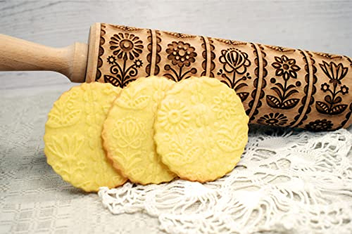 Mattarello Decorativo per Biscotti FIORI FOLKLORICI | Mattarello Inciso | Rullo per Biscotti e per Modellare | Mattarello Legno Goffrato di Algis Crafts
