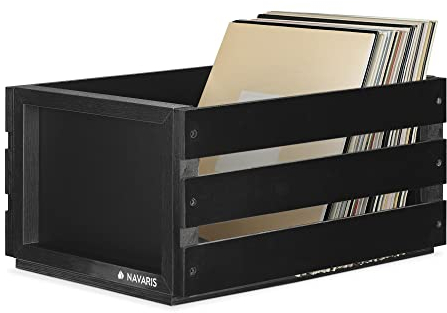 Navaris Holz Schallplatten Kiste mit Kreidetafel - 42,9 x 34,4 x 22,9 cm - für bis zu 80 LP Platten - Vinyl Aufbewahrung Holzkiste - Schwarz