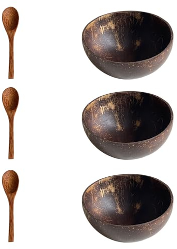 Tazones de Coco Hechos a Mano - Juego de 3 con Cucharas, Sin Plástico, Ideal para Batidos, Muesli y Comida Vegana