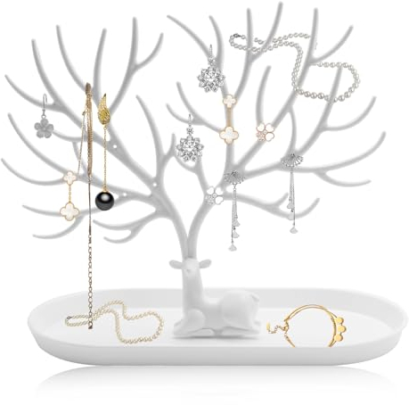 Pumuky Geweih Ornament Display Rack,Schmuckbaum, Schmuckständer aus Kunststoff, dekorativer Schmuckbaum mit Schmucktablett, Schmuckständer für Ohrringe, für Halsketten, Uhren, Armbänder (weiß)