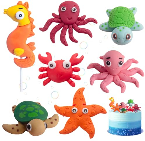 7PCS 3D Cake Decoration - Sea & Beach Theme Cake Toppers, Includes Turtle & Ocean Animal Toppers for Birthday Parties