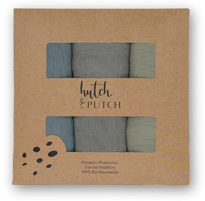 hutch&putch 3er Set Mulltuch einfarbig 100% Bio-Baumwolle 60x60cm - Pucktuch Baby - Musselin Wickeltuch - Kuscheltuch - Geschenk zur Geburt (Graublau/Anthrazit/Salbeigrün)