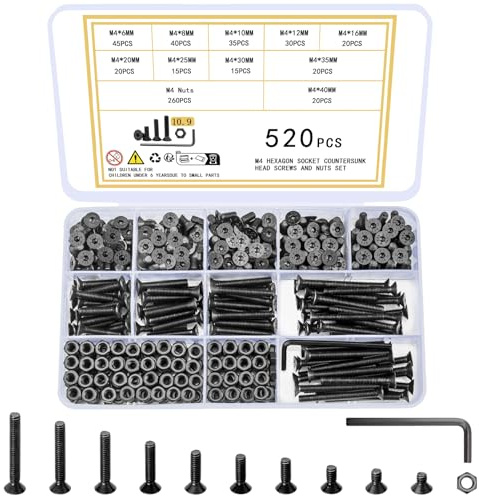 Ewwtrey 520 Stück M4 Schrauben Set, Innensechskant Senkkopfschrauben Muttern Set, Innensechskantschrauben mit Muttern Set, Flachkopf Maschinenschrauben Set, Schwarz Gewindeschrauben und Muttern Set