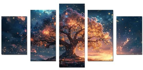 JOSUE 5 pezzi Albero Della Vita Quadri Luna astratta Quadri Moderni Stampa Su Tela,Blu, oro Quadri Per Soggiorno Capezzale Camera Da Letto Cucina Ufficio-50x100cm Non incorniciato