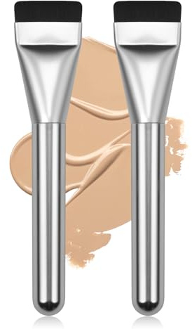 BEAUTYFACTOR 2Pcs Flat Foundation Brush,Face Mask Brush Makeup Spatula Facial Brush for Liquid Foundation Mask,Premium Face Korean Makeup Brush for Blending Cream (Silver&Silver)