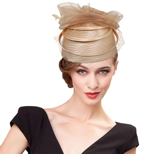 Sinamay Fascinator für Damen, Pillbox, Derby-Hüte, Leinen, Feder mit Schleier, Vintage-Stil, Brautschmuck, Hochzeit, Teeparty, Gold, Medium