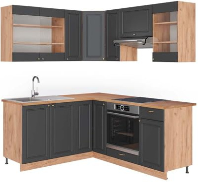Vicco Eckküche Fame-Line, Dunkelgrau/Goldkraft Eiche, 190 x 160 cm