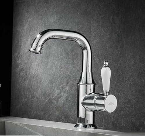 Rubinetto in oro spazzolato lavamani caldo e freddo rubinetto lavamani lavamani girevole, cromatura [maniglia in ceramica]
